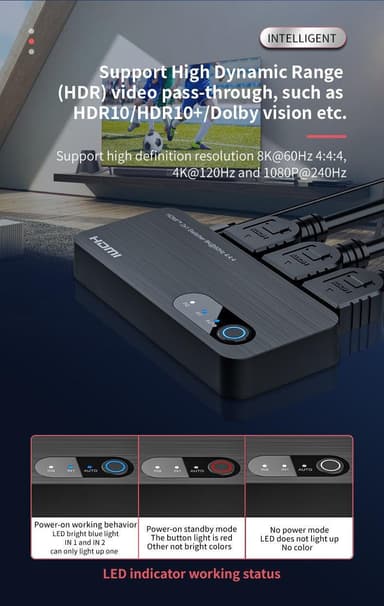 NÖRDIC HDMI-svitsj 2 til 1 8K60Hz 4K120Hz 48Gbps HDR HDCP2.3 Surround 7.1 CEC