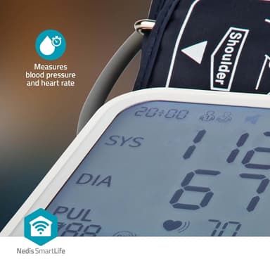Nedis Smartlife Blodtrykksmåler | Væpne | Bluetooth | LCD-Skjerm | 22 - 42 cm | Deteksjon av uregelmessig hjerteslag / Deteksjon for mansjettbruk / Hold fortsatt indikasjon | Hvit