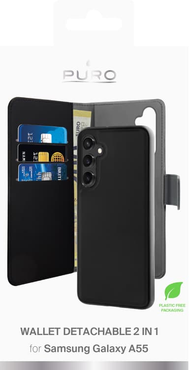 Puro 2-i-1 Samsung Galaxy A55 lommebokdeksel (sort)