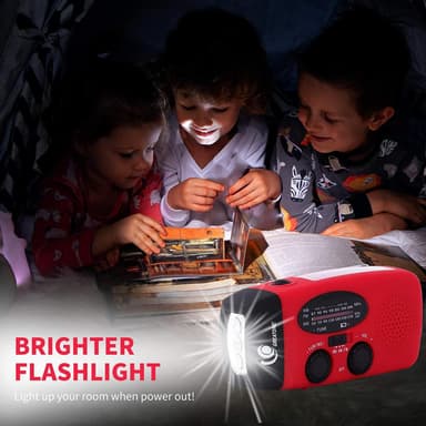 Vevradio / Nödradio med LED-lampa - FM-radio, Solcell, USB, Röd