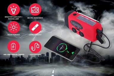 Vevradio / Nödradio med LED-lampa - FM-radio, Solcell, USB, Röd