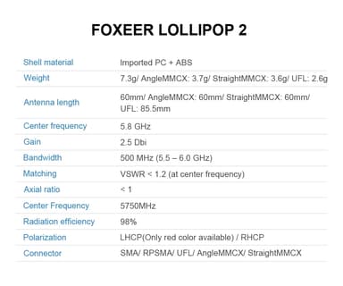 Foxeer lollipop v2 rhcp antenna mmcx red 2st