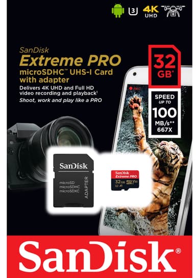 SanDisk Extreme PRO micro SDHC 32 GB minnekort med SD-adapter