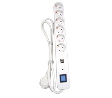 Skjøteledning 6-veis jord lynvern bryter USB 1,4m