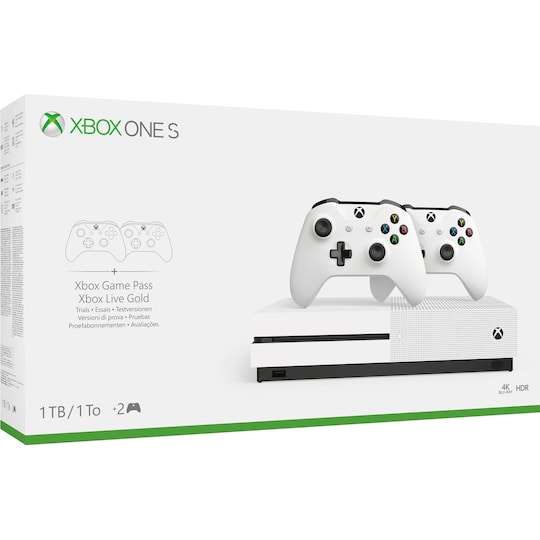 Xbox One S 1 TB + samlepakke med to kontrollere (hvit)