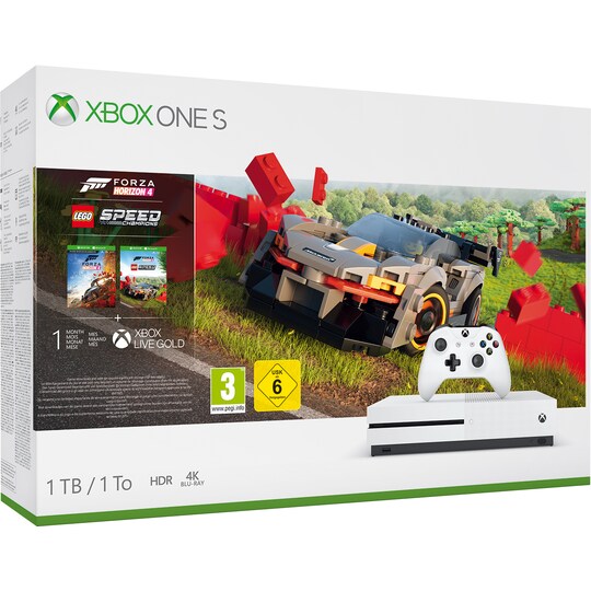 Xbox One S 1 TB: Forza Horizon 4, Forza Horizon 4 Lego-pakke (hvit)