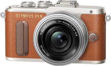 Olympus PEN E-PL8 CSC kamera + 14-42 mm pannekakeobjektivsett (brun)