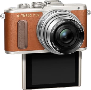 Olympus PEN E-PL8 CSC kamera + 14-42 mm pannekakeobjektivsett (brun)