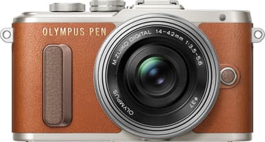 Olympus PEN E-PL8 CSC kamera + 14-42 mm pannekakeobjektivsett (brun)