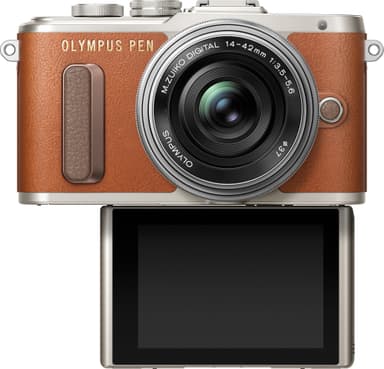 Olympus PEN E-PL8 CSC kamera + 14-42 mm pannekakeobjektivsett (brun)