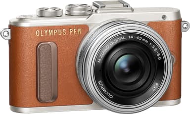 Olympus PEN E-PL8 CSC kamera + 14-42 mm pannekakeobjektivsett (brun)