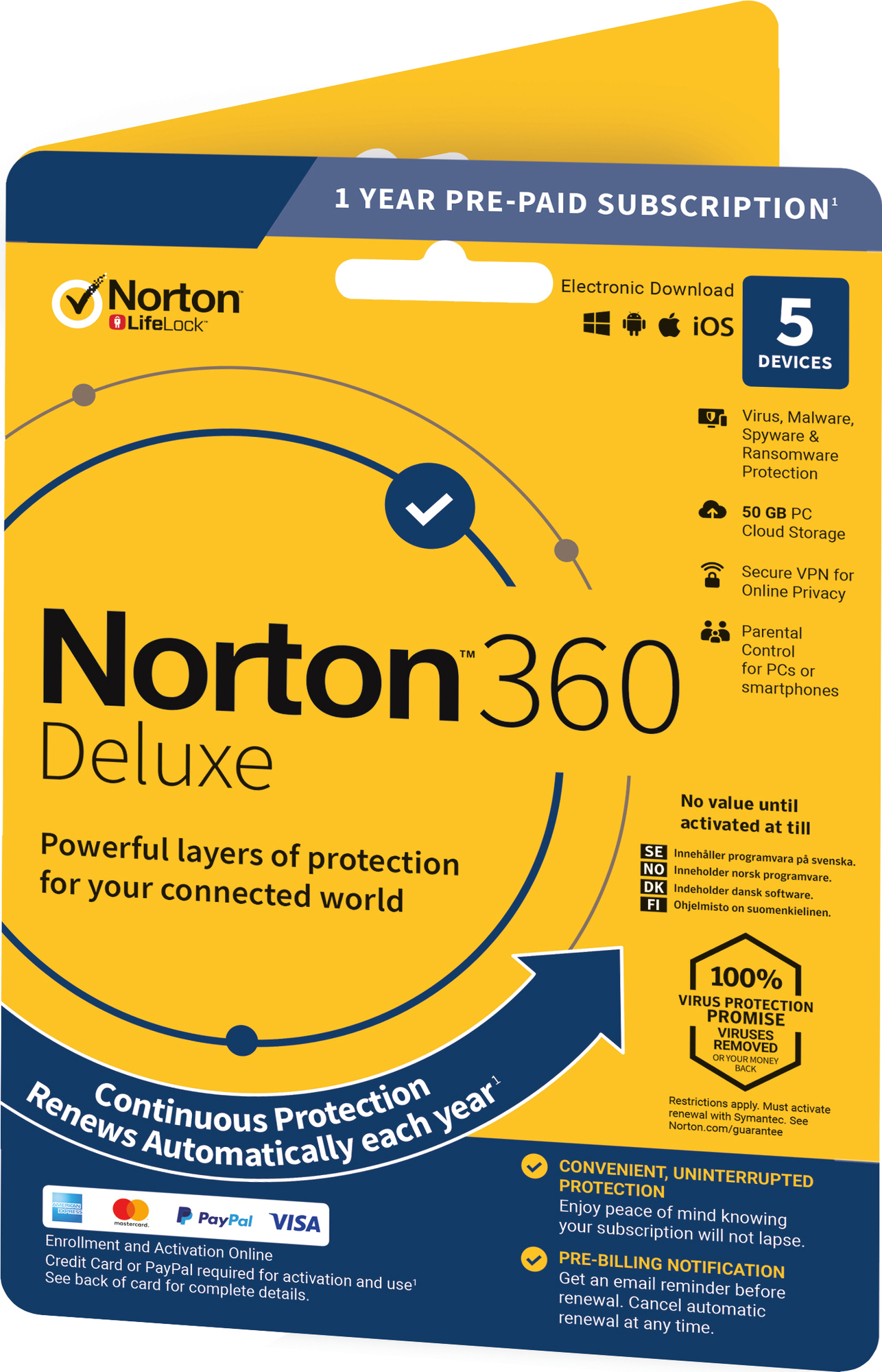 Norton 360 Deluxe antivirusprogam for 5 enheter (online abonnement)