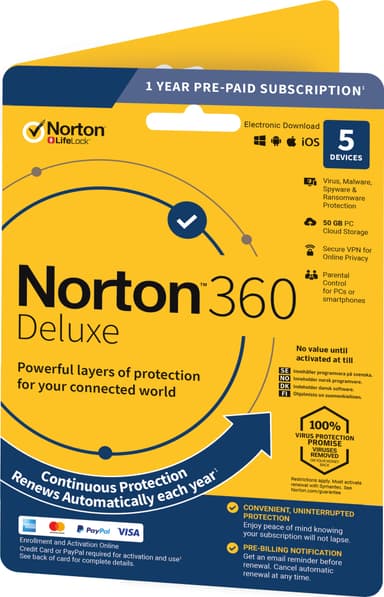 Norton 360 Deluxe antivirusprogam for 5 enheter (online abonnement)