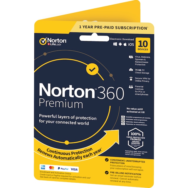 Norton 360 Premium antivirusprogam for 10 enheter (online abonnement)