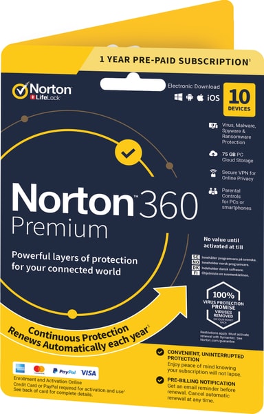 Norton 360 Premium antivirusprogam for 10 enheter (online abonnement)