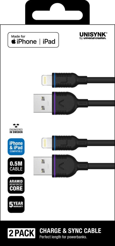 Unisynk 2x Lightning kabelsett (sort)