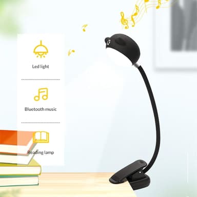 LED-leselampe med klype og Bluetooth-høyttaler