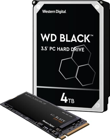 WD Black 3,5" 4 TB harddisk & WD Black SN750 1 TB NVMe SSD-lagring