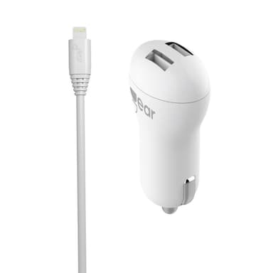GEAR Lader 12-24V 2xUSB 2,4A Hvit Lightning Kabel Rund 1m MFI