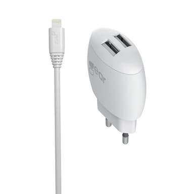 GEAR Lader 220V 2xUSB 2,4A Hvit Lightning Kabel Rund 1m MFI