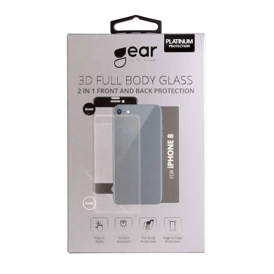 GEAR Herdet Glass 3D 2in1 Front & Back  iPhone8 Edge to Edge Svart med Klar bakside