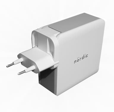 NÖRDIC 3-ports hurtiglader 1x USB C Strømforsyning 65W 1x USB A Hurtiglader QC 18W 1x USB A 12W totalt 65W ekstra UK plugg inkludert