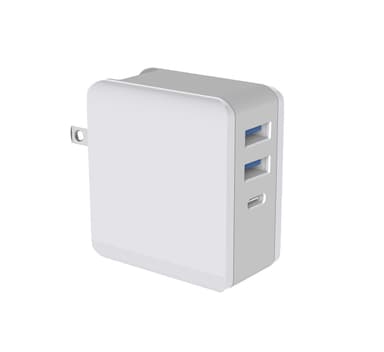 NÖRDIC 3-ports hurtiglader 1x USB C Strømforsyning 65W 1x USB A Hurtiglader QC 18W 1x USB A 12W totalt 65W ekstra UK plugg inkludert