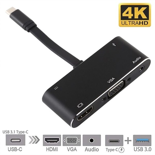 3 i 1 USB-Type-C til PD + HDMI + VGA + Audio + USB 3.0 Hunn