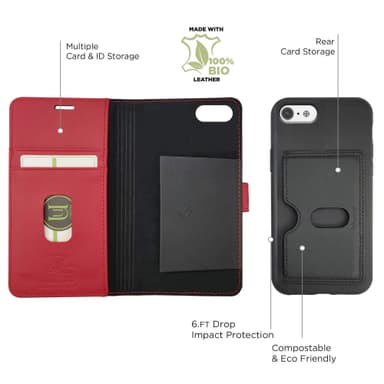 Miljøvennlig ekte lær iPhone SE/8/7/6 2 in 1 lommebok deksel - Black/Red