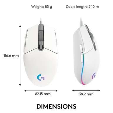 Logitech G203 Lightsync gamingmus (hvit)