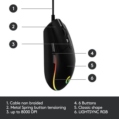Logitech G203 Lightsync gamingmus (sort)