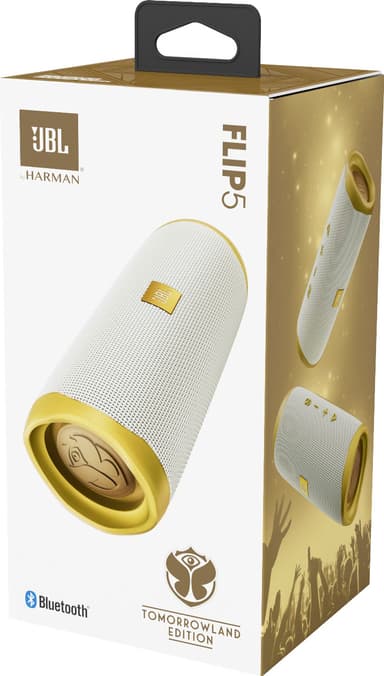 JBL Flip 5 Tomorrowland Ed. bærbar trådløs høyttaler (hvit/gull)