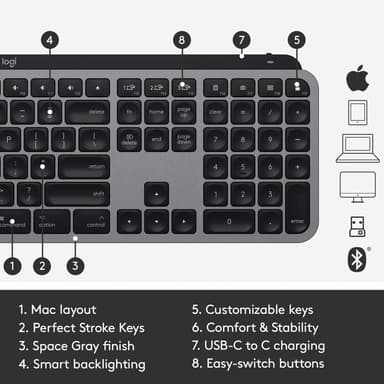 Logitech Mx Keys Mac trådløst tastatur (space grey)