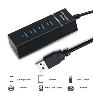 USB 3.0 Hub med fire porter - svart