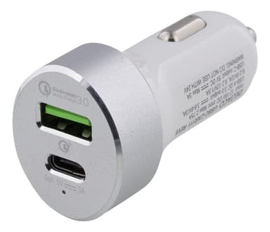 DELTACO Car Charger, USB-C, 33W, USB-C, QC 3.0, 12-18V DC, white