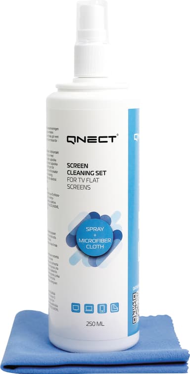 Qnect Cleaning skjermrengjøringsspray med mikrofiberklut (250 ml)
