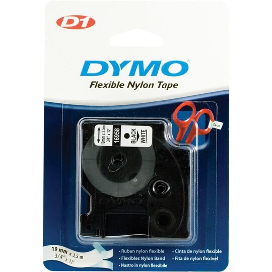 DYMO D1 märktejp flex nylon 19mm, svart på vitt, 3.5m rulle