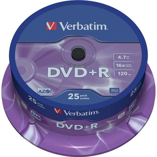Verbatim DVD+R, 16x, 4,7 GB/120 min, 25-pack spindel, AZO