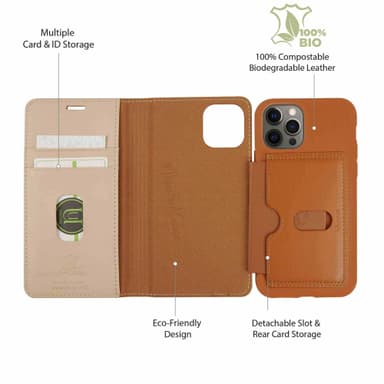 Miljøvennlig ekte lær iPhone 12 Pro Max  2 in 1 lommebok deksel - Brown