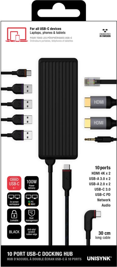 Unisynk 10-Port USB-C hub (sort)