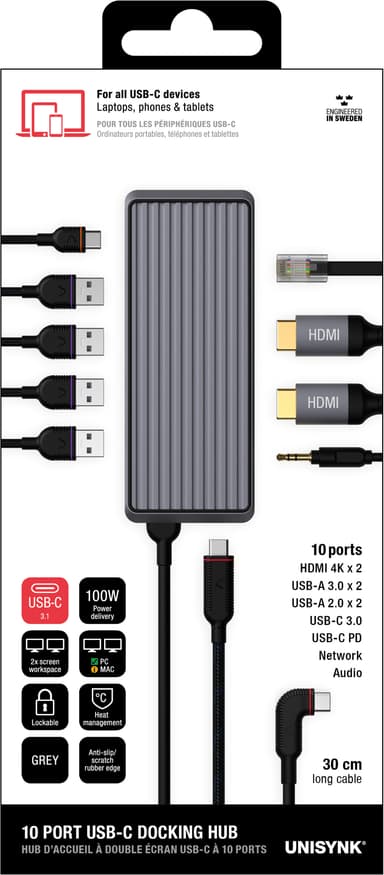 Unisynk 10-Port USB-C hub (grå)