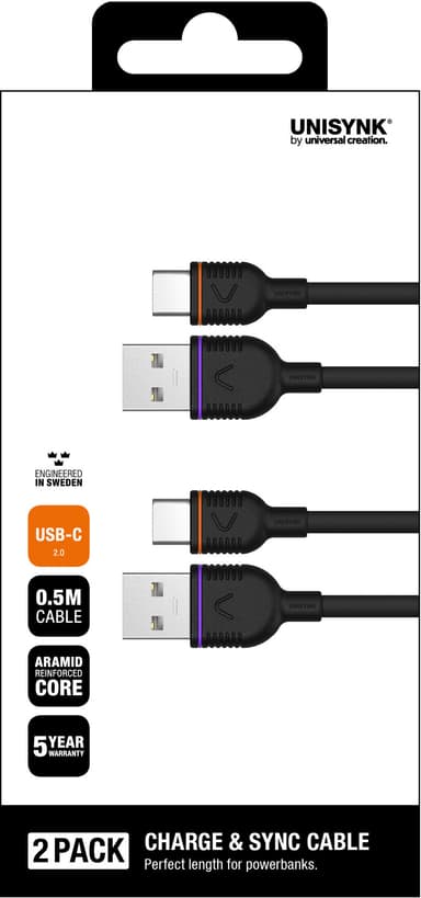 Unisynk 2x USB-C kabelsett 0,5 m (sort)