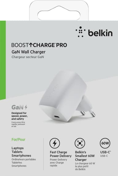 Belkin BOOST CHARGE Pro 60W GaN USB-C vegglader (hvit)