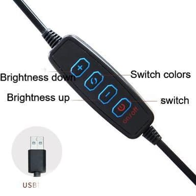 Mobilt stativ med LED-ring (26 cm) med 3 lyse farger, kan dimmes