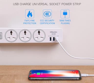 Grenuttak med USB-lader 3 stikkontakter 3 USB-porter Hvit