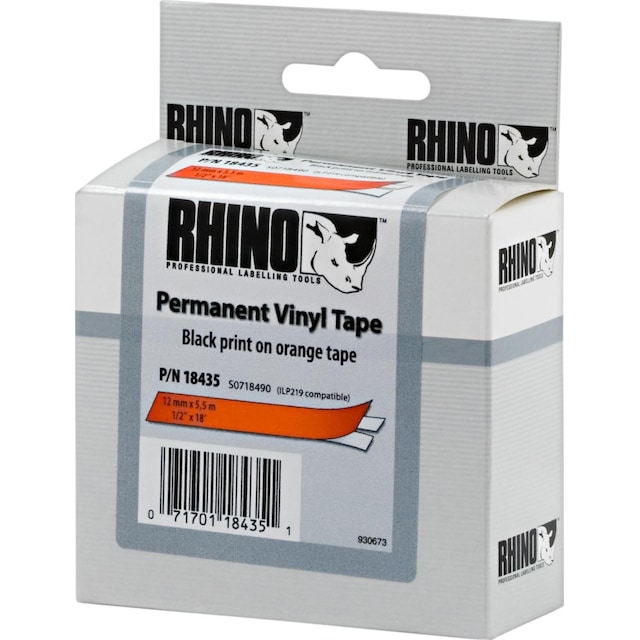 DYMO RhinoPRO etikettbånd perm vinyl 12mm, svart på oransje, 5,5m rull