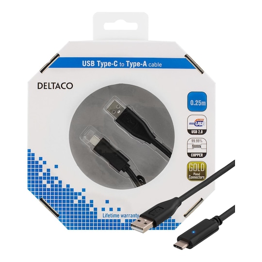 DELTACO USB 2.0-kabel, 0,25 m, Type C - Type A hann, PD-profil 1, svart
