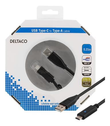 DELTACO USB 2.0-kabel, 0,25 m, Type C - Type A hann, PD-profil 1, svart