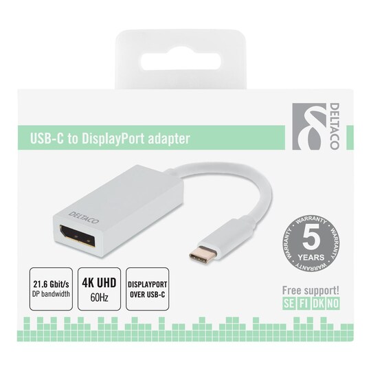 DELTACO USB 3.1 til DP-adapter, Type C ha - DP-hunn, 4K, UHD, hvit