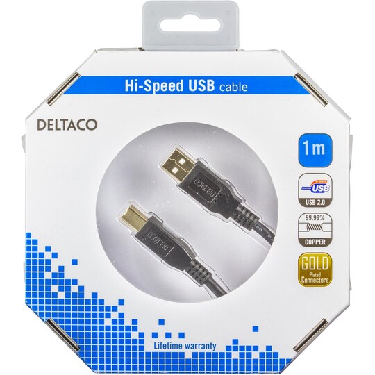 DELTACO USB 2.0-kabel Type A hann - Type B hann 1m, svart